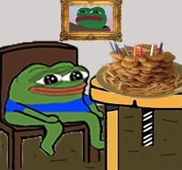Pepe with a cake made of nuggets