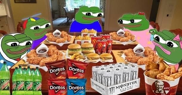 A table of Pepes feasting on fast food