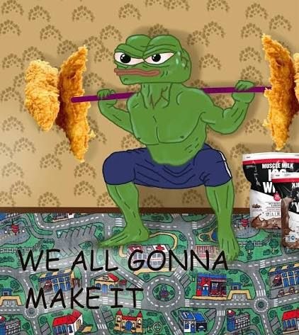 Buff Pepe lifting a barbell made of chicken tenders