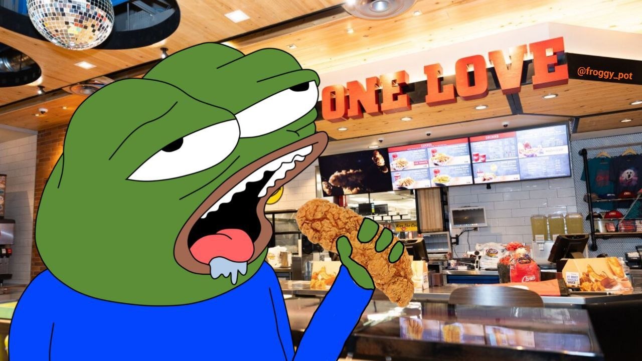 ONE LOVE Pepe biting a tender