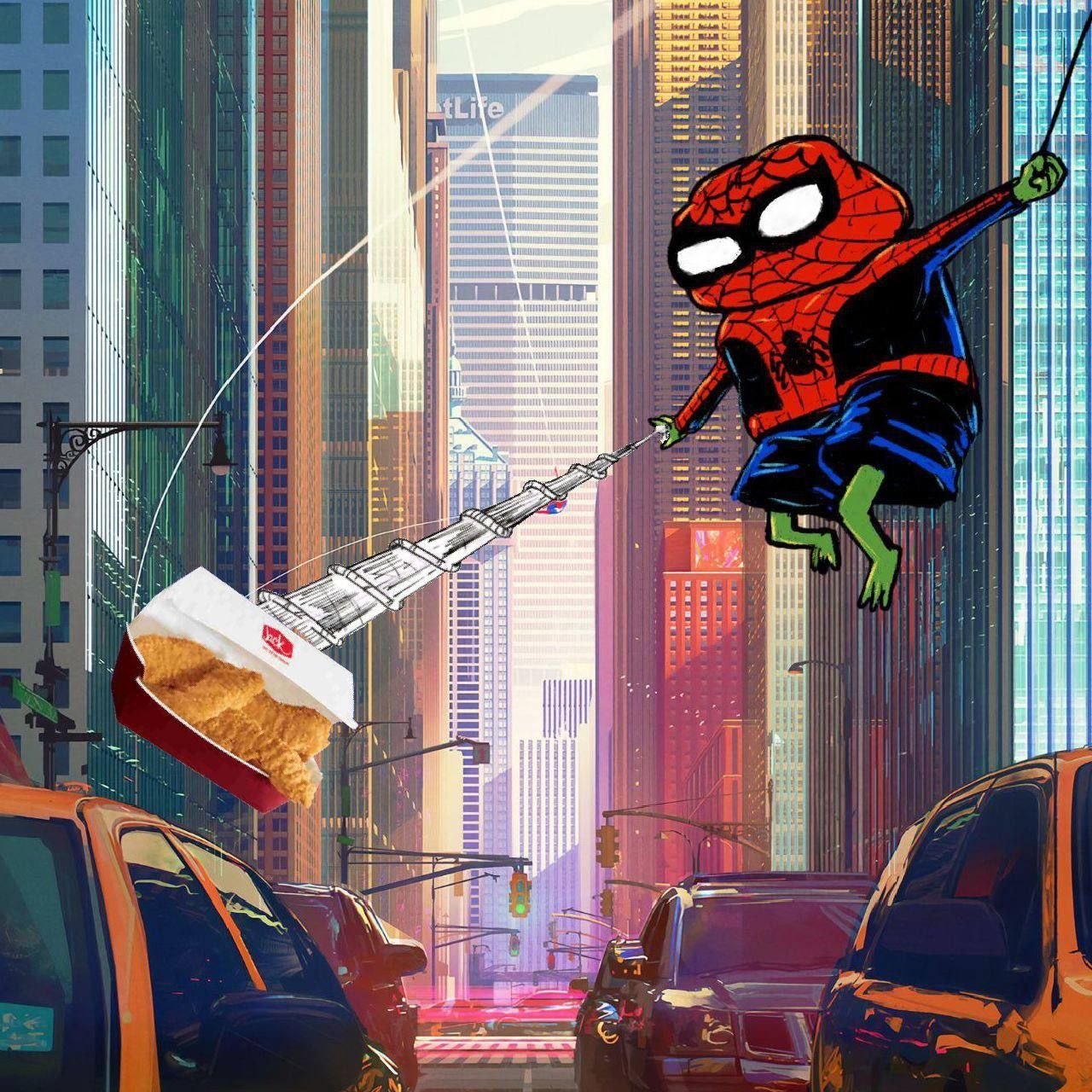 Spider-Pepe swinging with a box of tenders