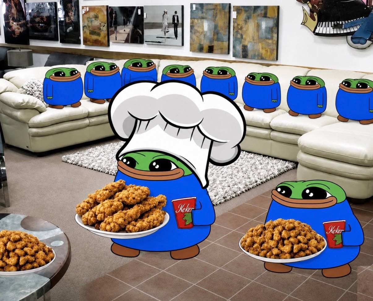 Chef Pepe serving plates of tendies to a couch of Pepes