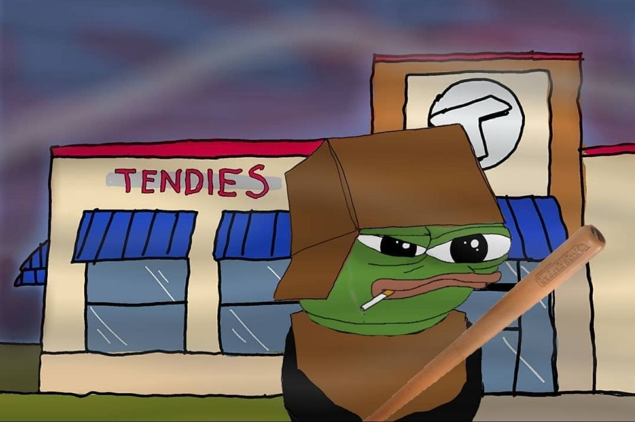 Pepe outside the TENDIES storefront