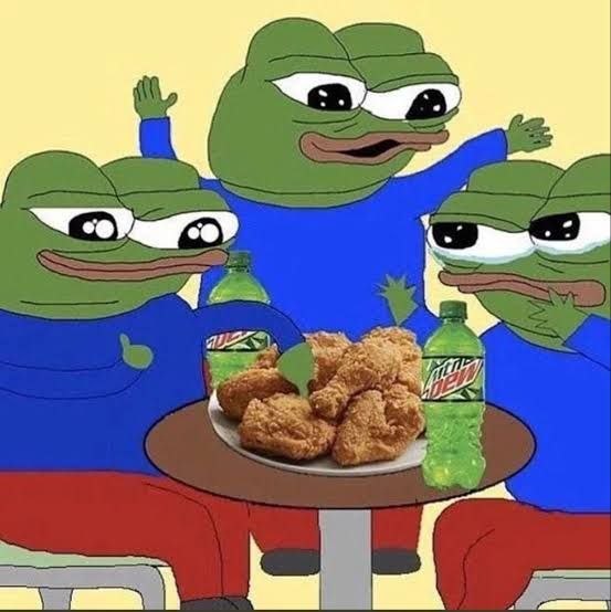 Three Pepes sharing fried chicken