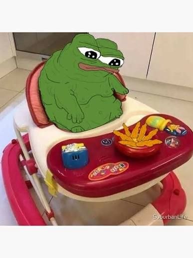 Baby walker Pepe with a bowl of fries